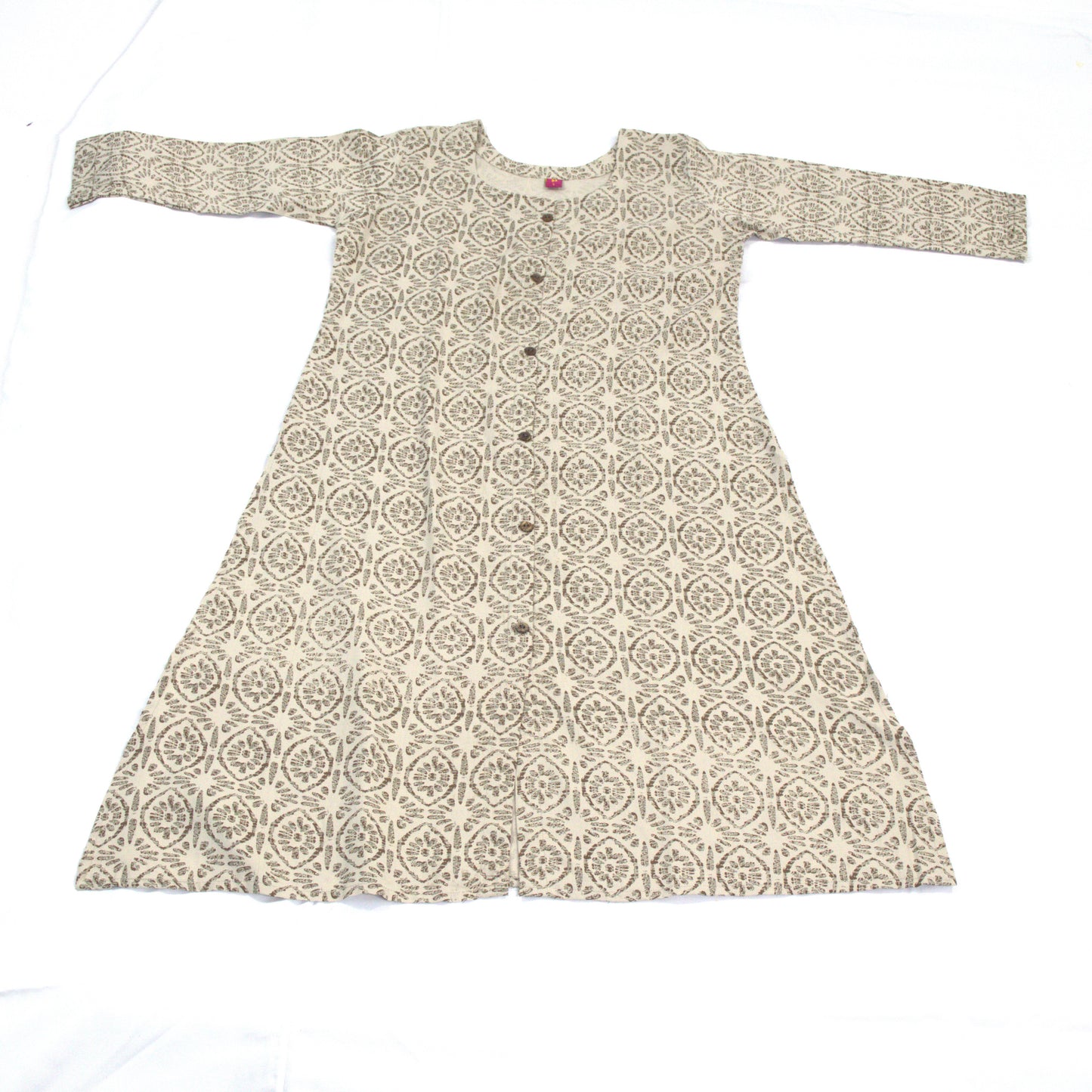 Block Print Cotton Kurti - Traditional Geometric Pattern Long Dress with 3/4 Sleeves
