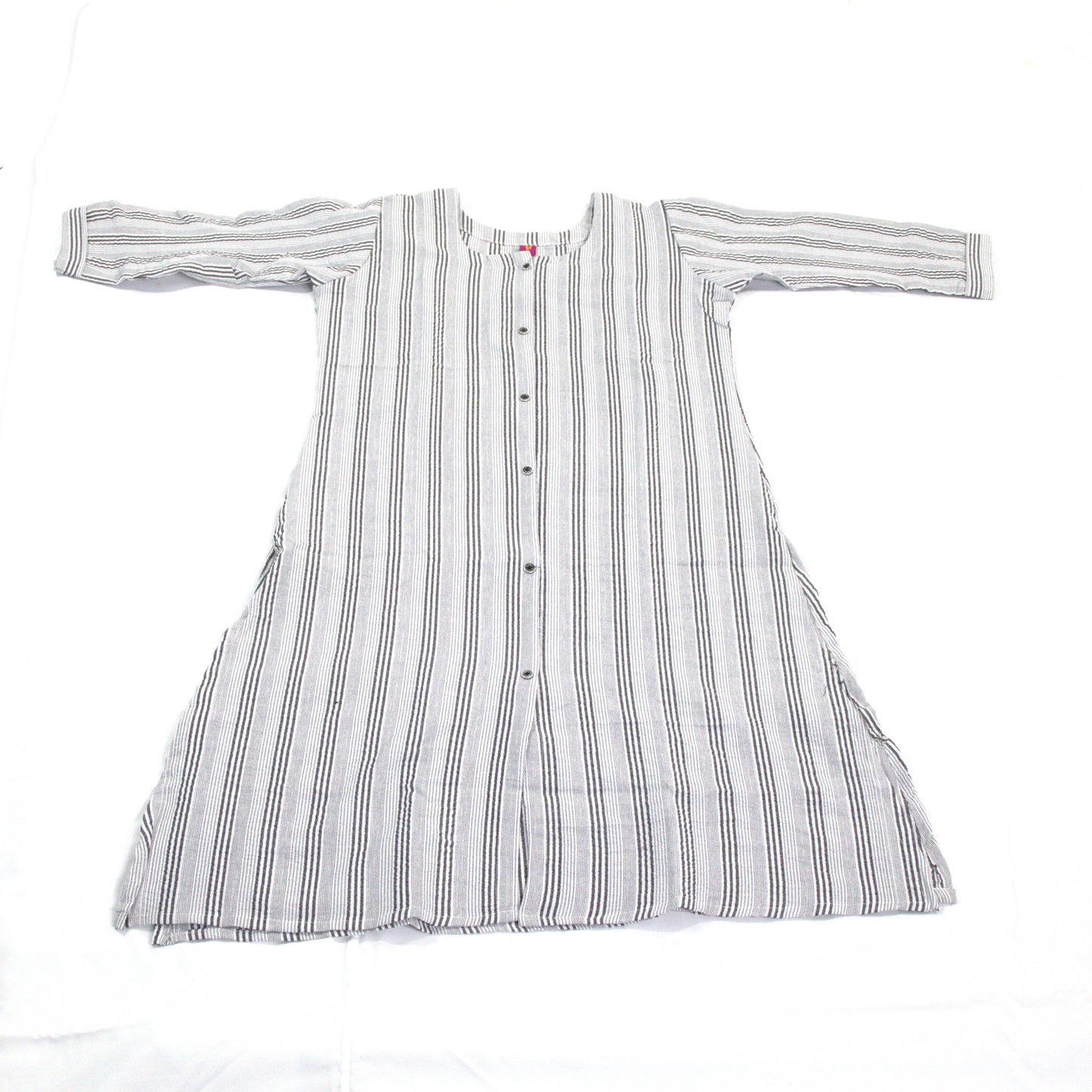 Striped Cotton Kurti - Classic Grey & White Button-Down Dress with 3/4 Sleeves