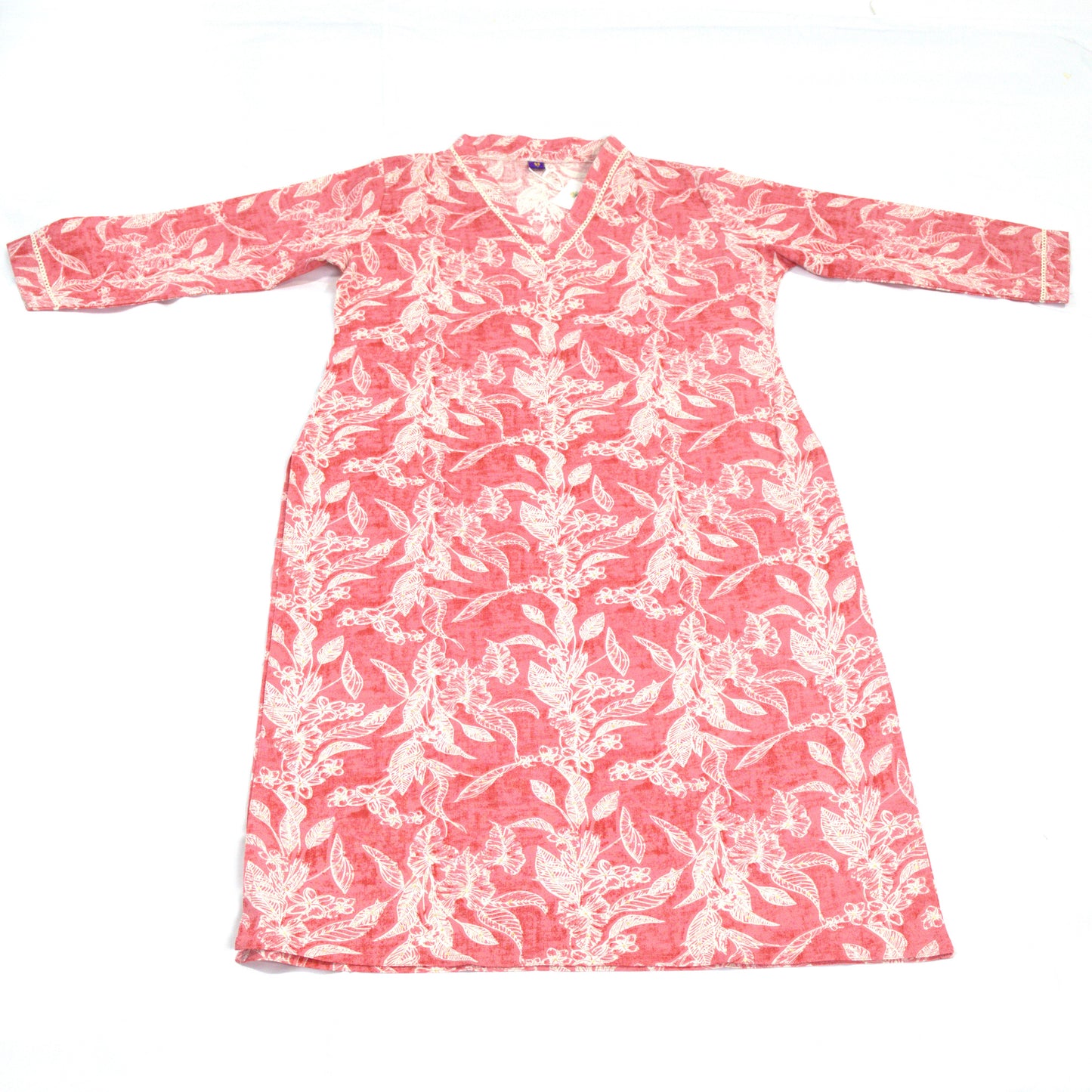 Coral Pink Floral Cotton Kurti - Elegant V-Neck Long Dress with Lace Trim Detail