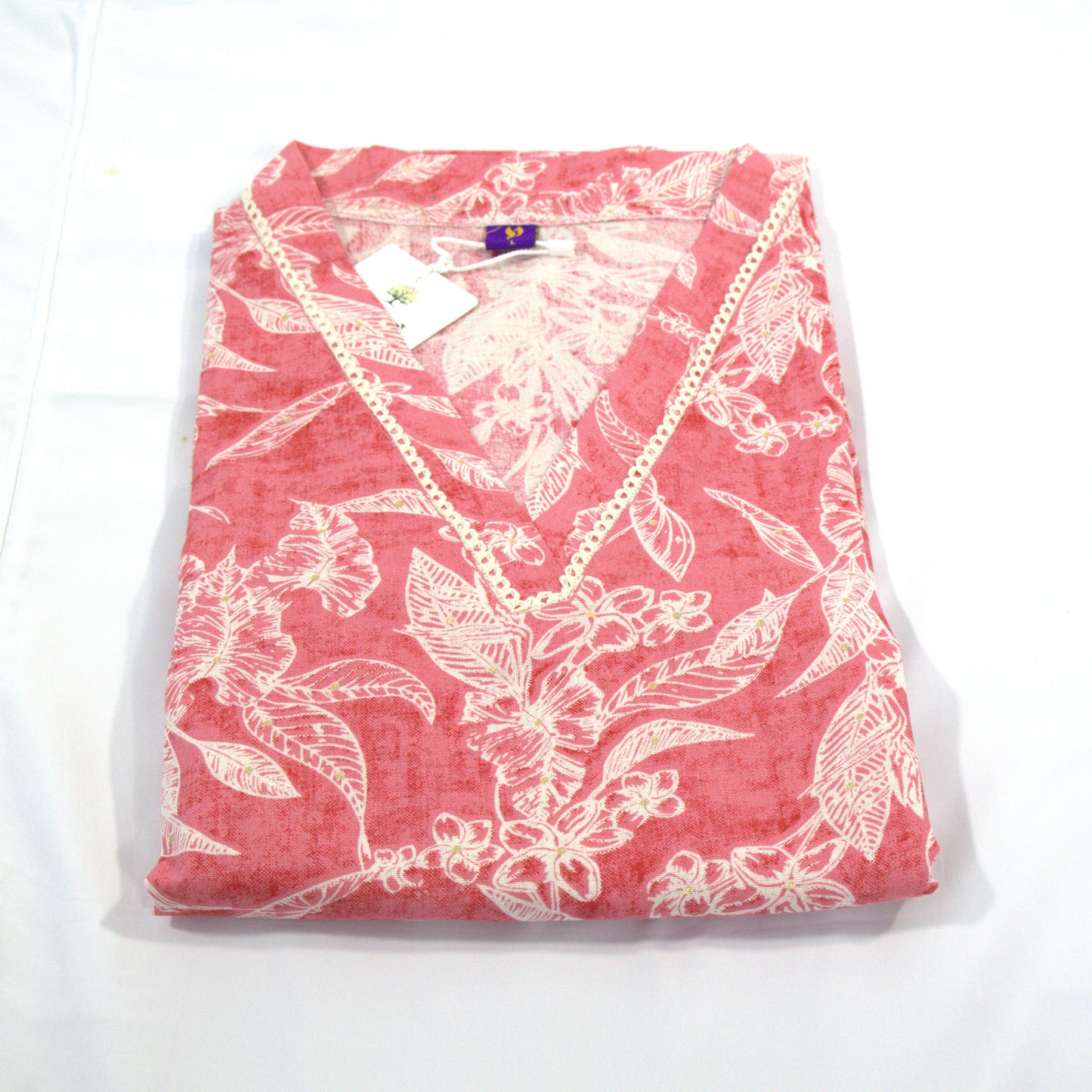 Coral Pink Floral Cotton Kurti - Elegant V-Neck Long Dress with Lace Trim Detail
