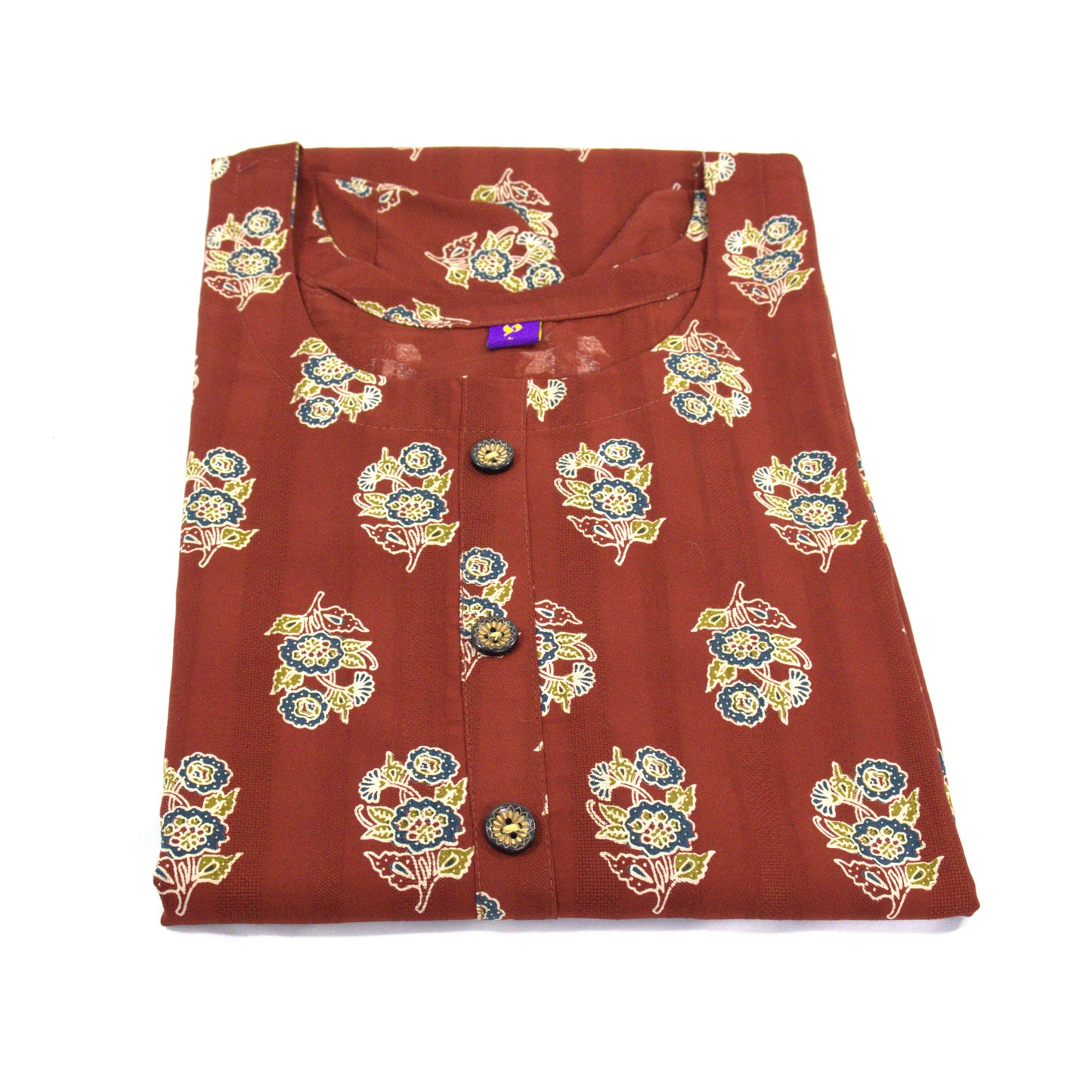 Floral Motif Cotton Kurti - Rust Brown Traditional Print Straight Dress with 3/4 Sleeves