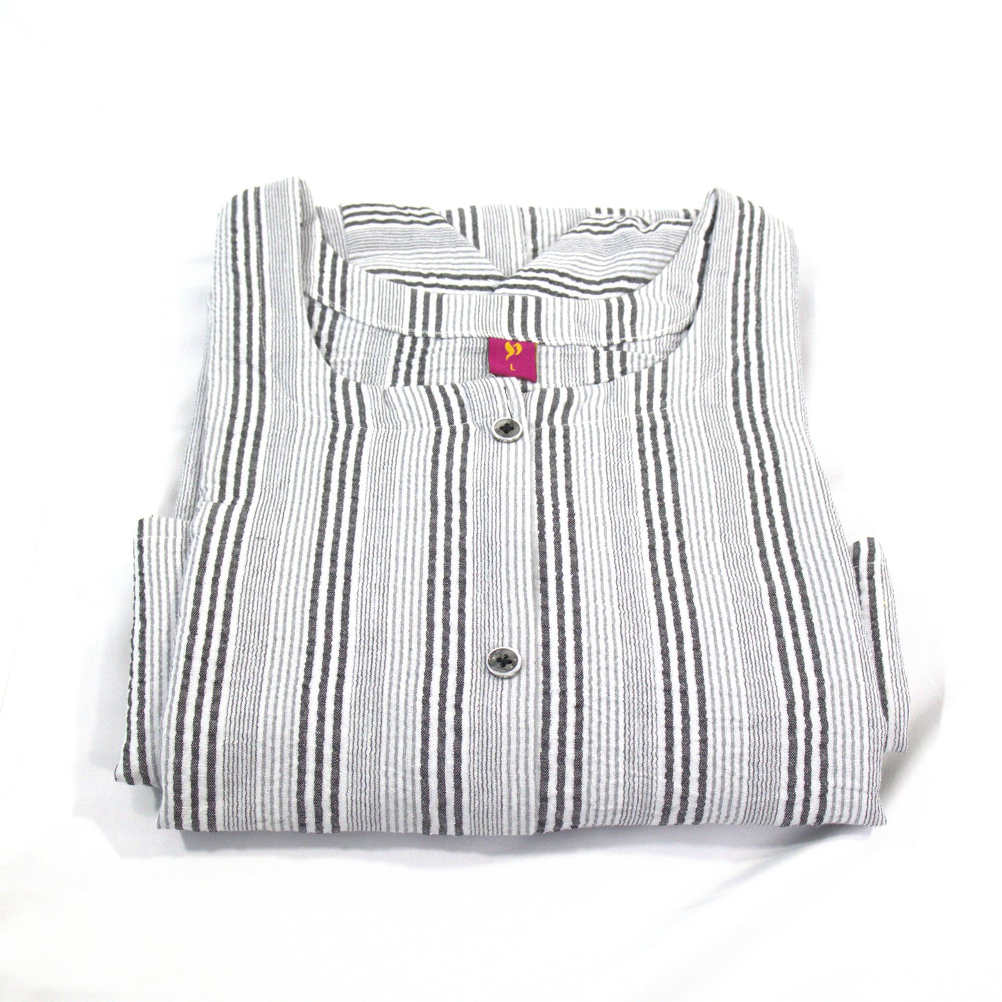 Striped Cotton Kurti - Classic Grey & White Button-Down Dress with 3/4 Sleeves