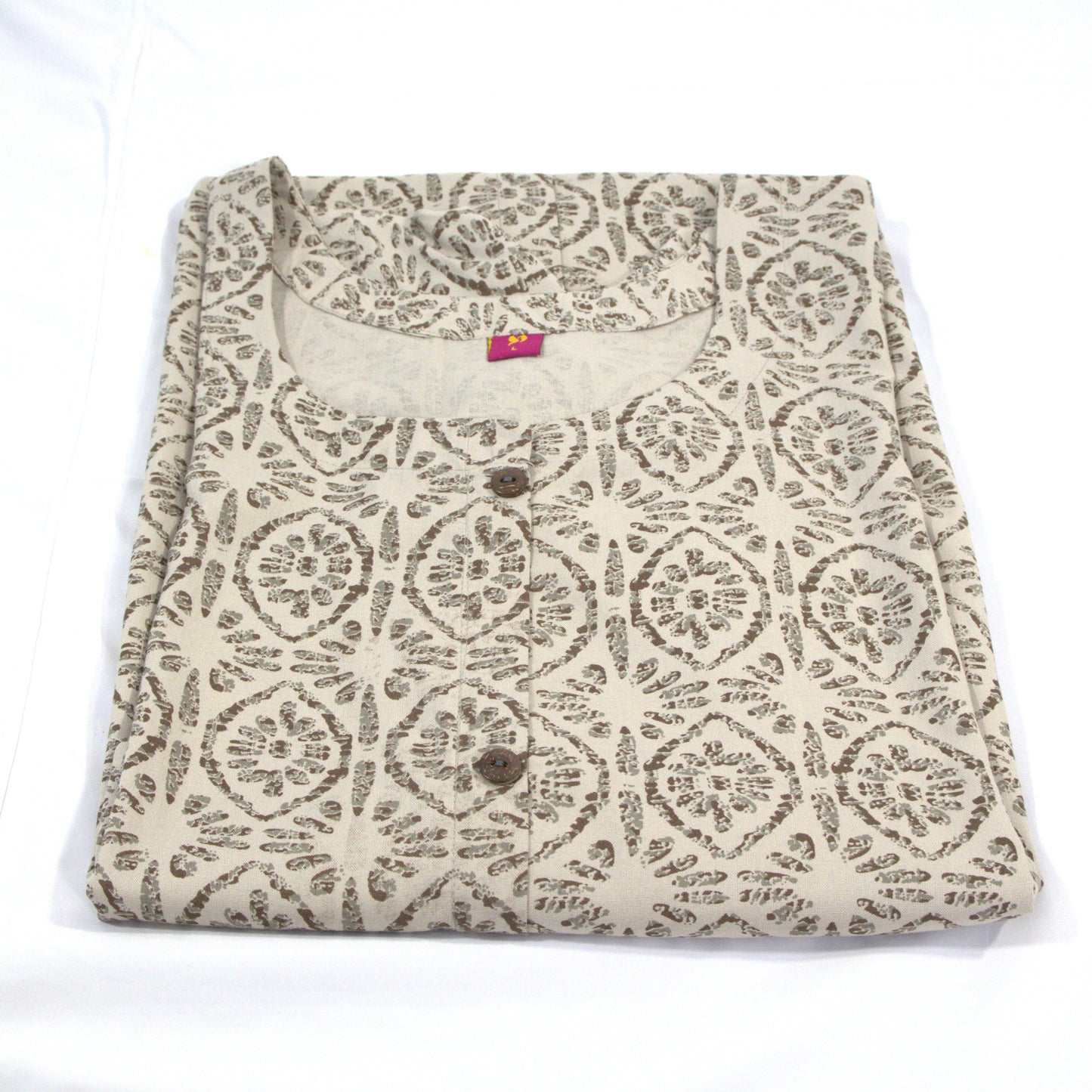 Block Print Cotton Kurti - Traditional Geometric Pattern Long Dress with 3/4 Sleeves