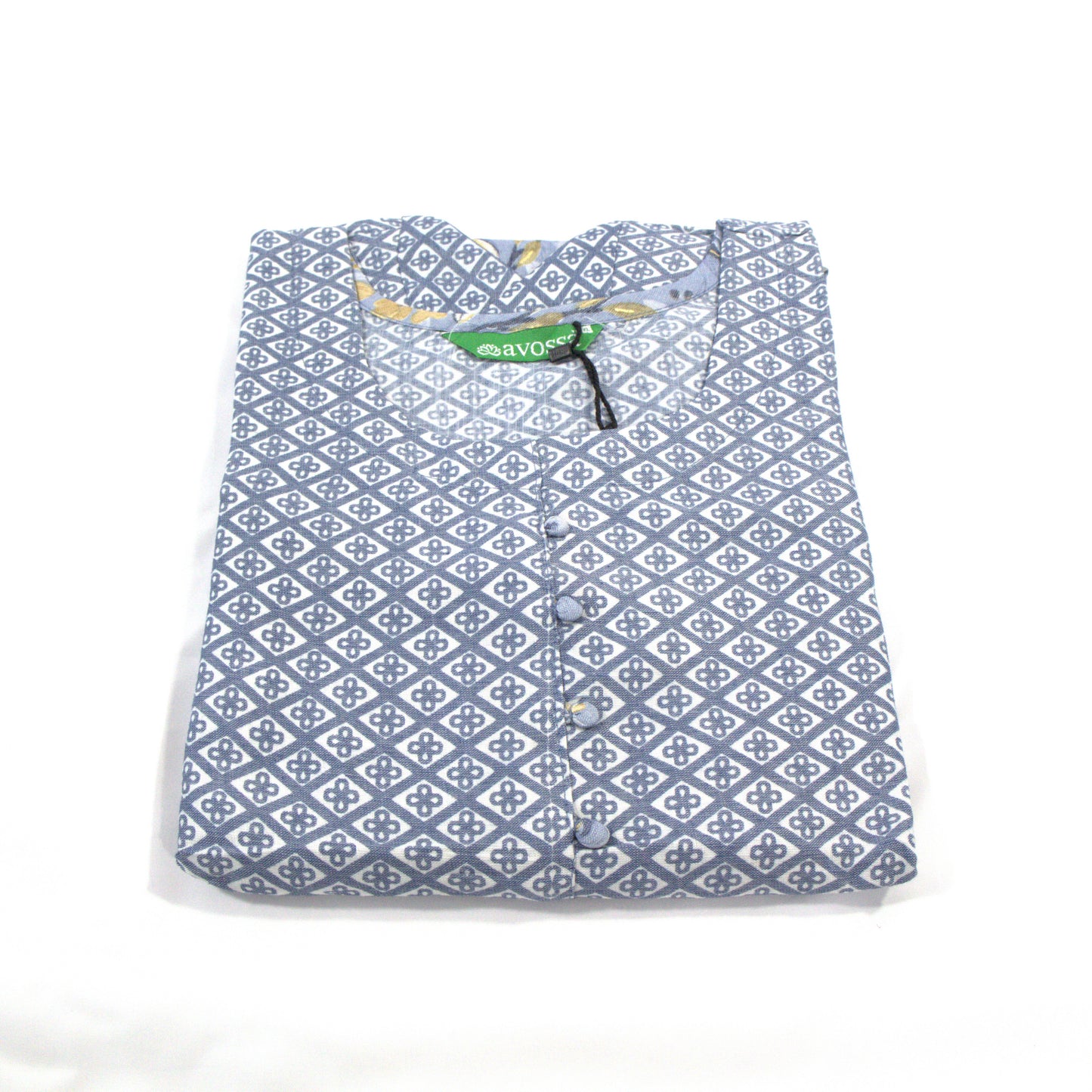 Blue and White Pleated Kurta with Floral Print