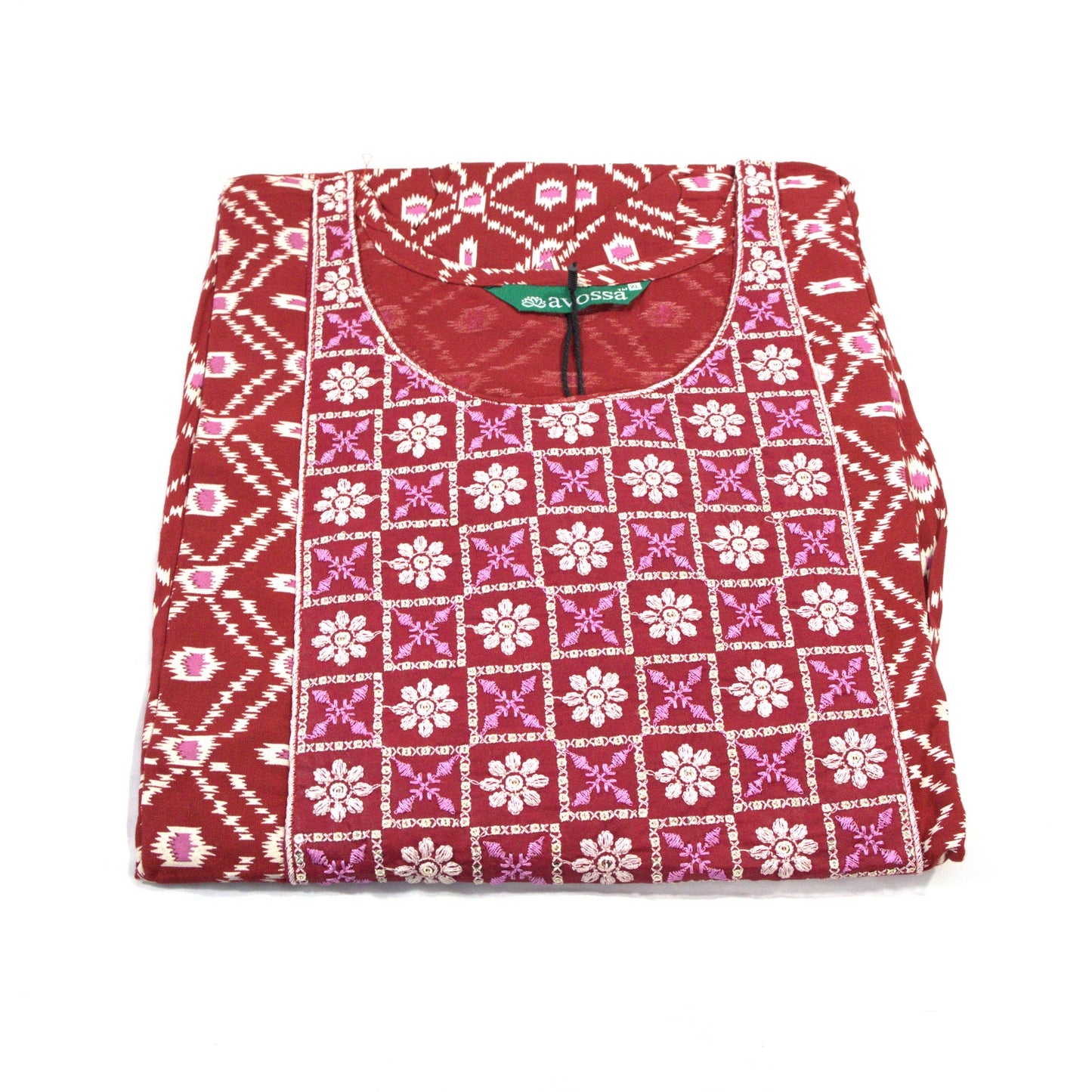 Red Geometric Print Midi Dress with Embroidered Yoke and Three-Quarter Sleeves