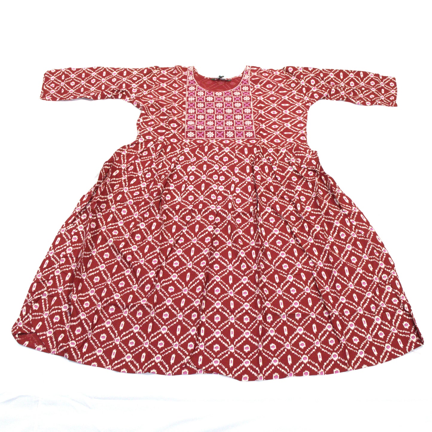 Red Geometric Print Midi Dress with Embroidered Yoke and Three-Quarter Sleeves