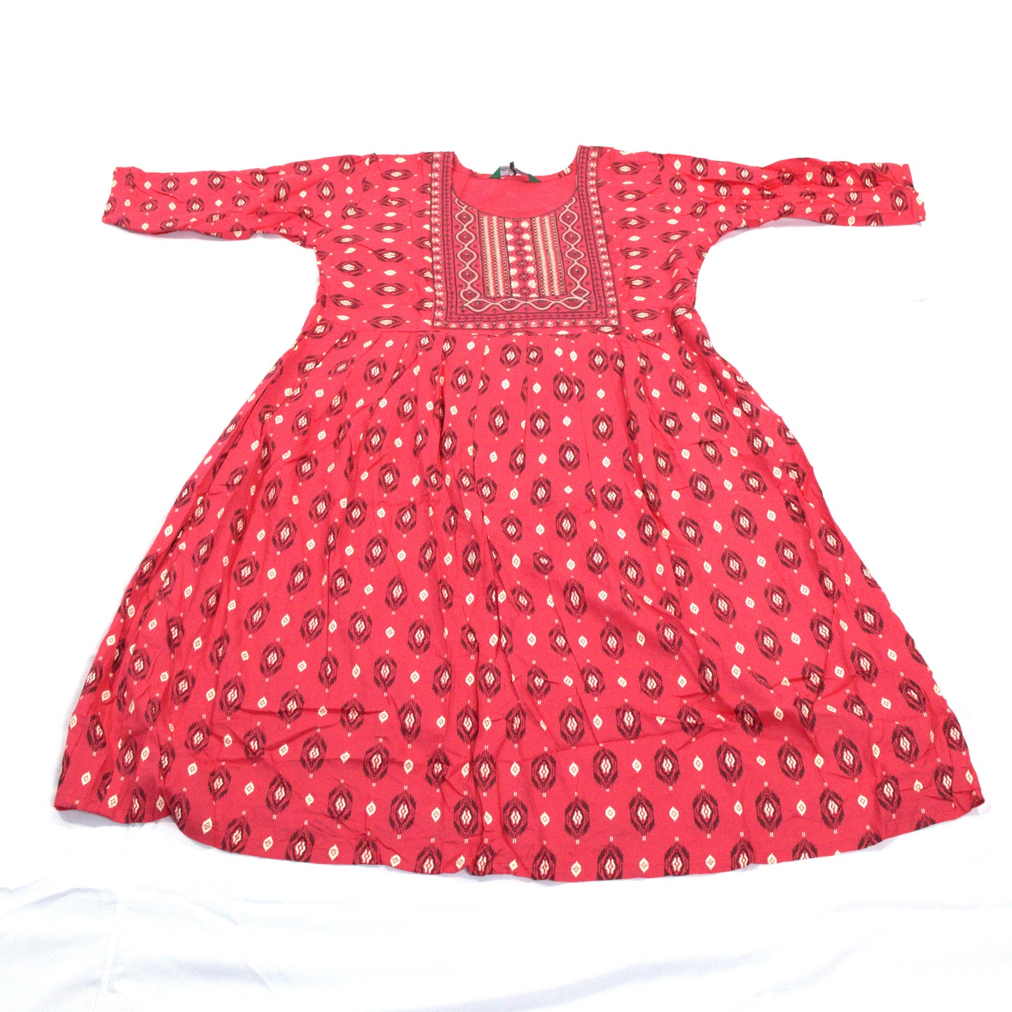 Embroidered Elegance: Red Ikat Kurta with Pleated Detail