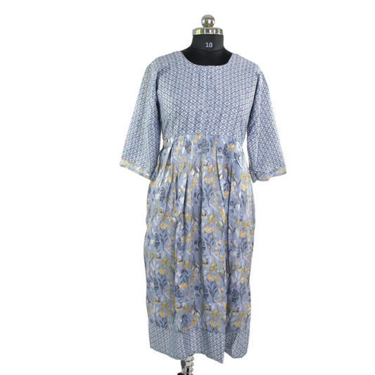 Blue and White Pleated Kurta with Floral Print