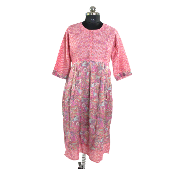 Pink Floral Kurta with Pleated Detail
