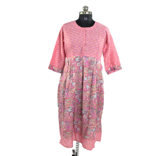 Pink Floral Kurta with Pleated Detail