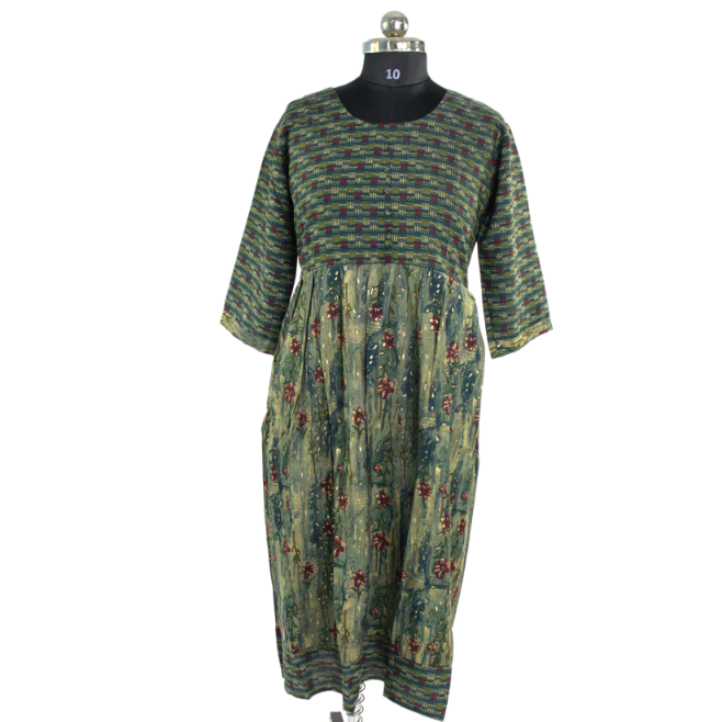 Green Floral Kurta with Striped Detail
