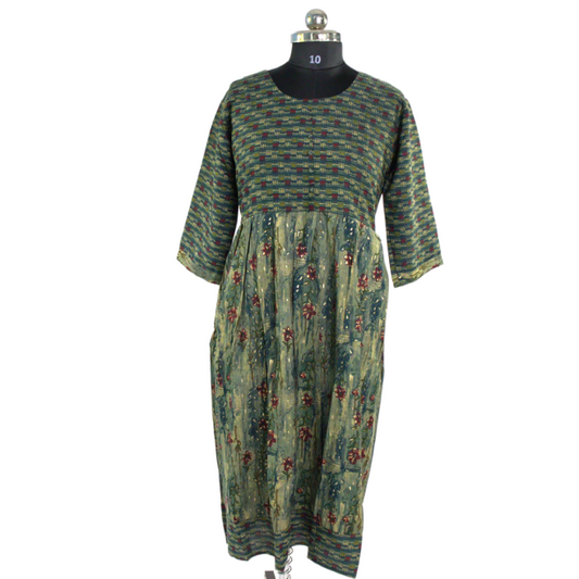 Green Floral Kurta with Striped Detail