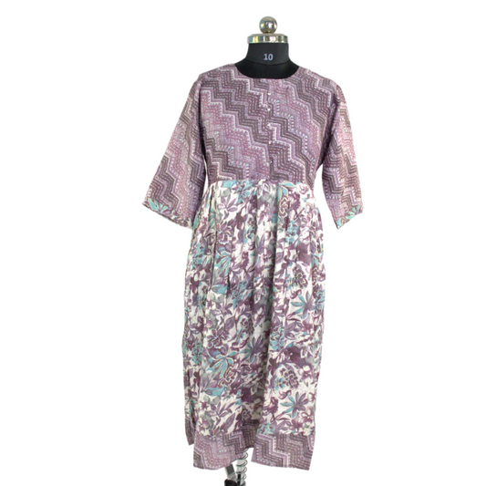 Floral Print Midi Dress with Chevron Yoke and Elbow-Length Sleeves