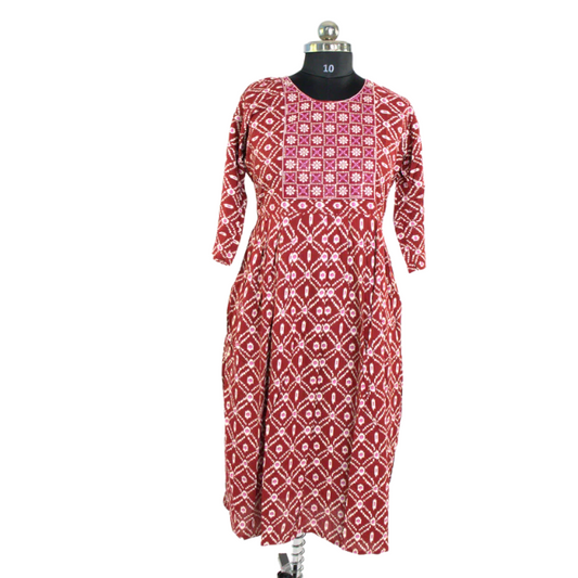 Red Geometric Print Midi Dress with Embroidered Yoke and Three-Quarter Sleeves