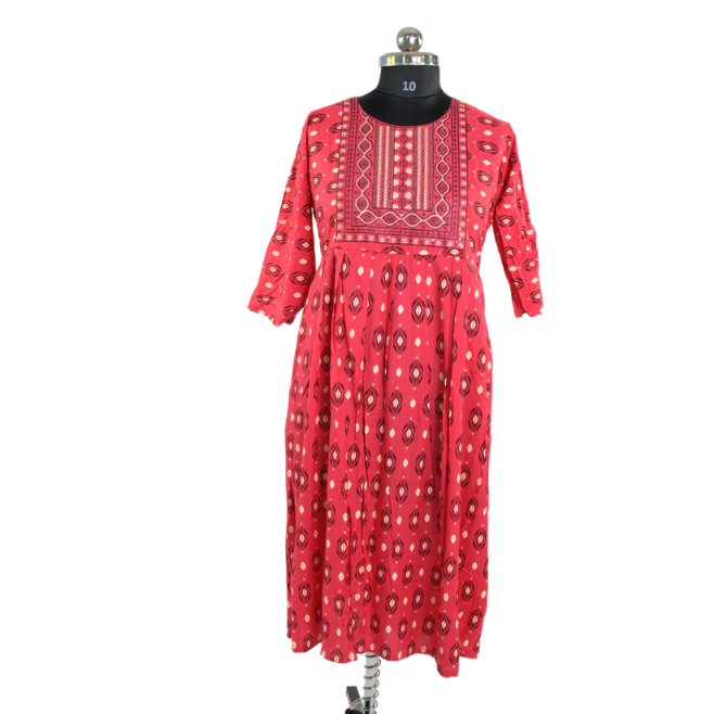 Embroidered Elegance: Red Ikat Kurta with Pleated Detail