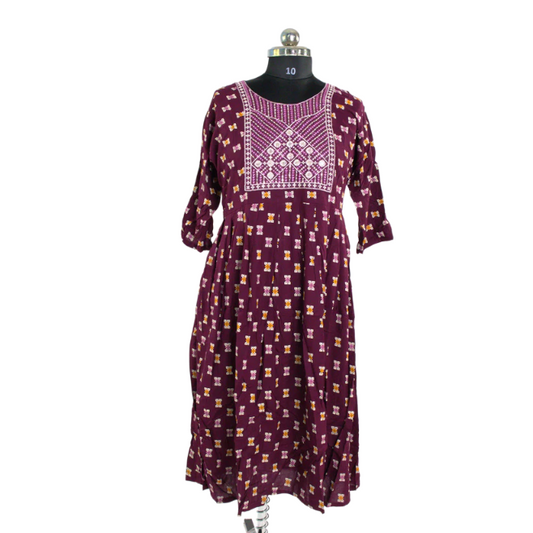 Embroidered Elegance: Maroon Ikat Kurta with Pleated Detail