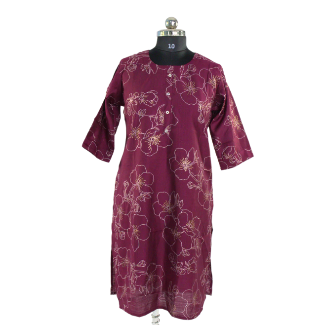 Delicate Blooms: Maroon Kurta with Floral Line Art
