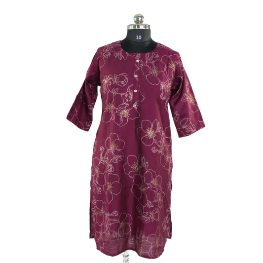 Delicate Blooms: Maroon Kurta with Floral Line Art