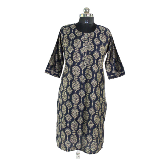 Midnight Ikat: Navy Blue Kurta with Intricate Pattern