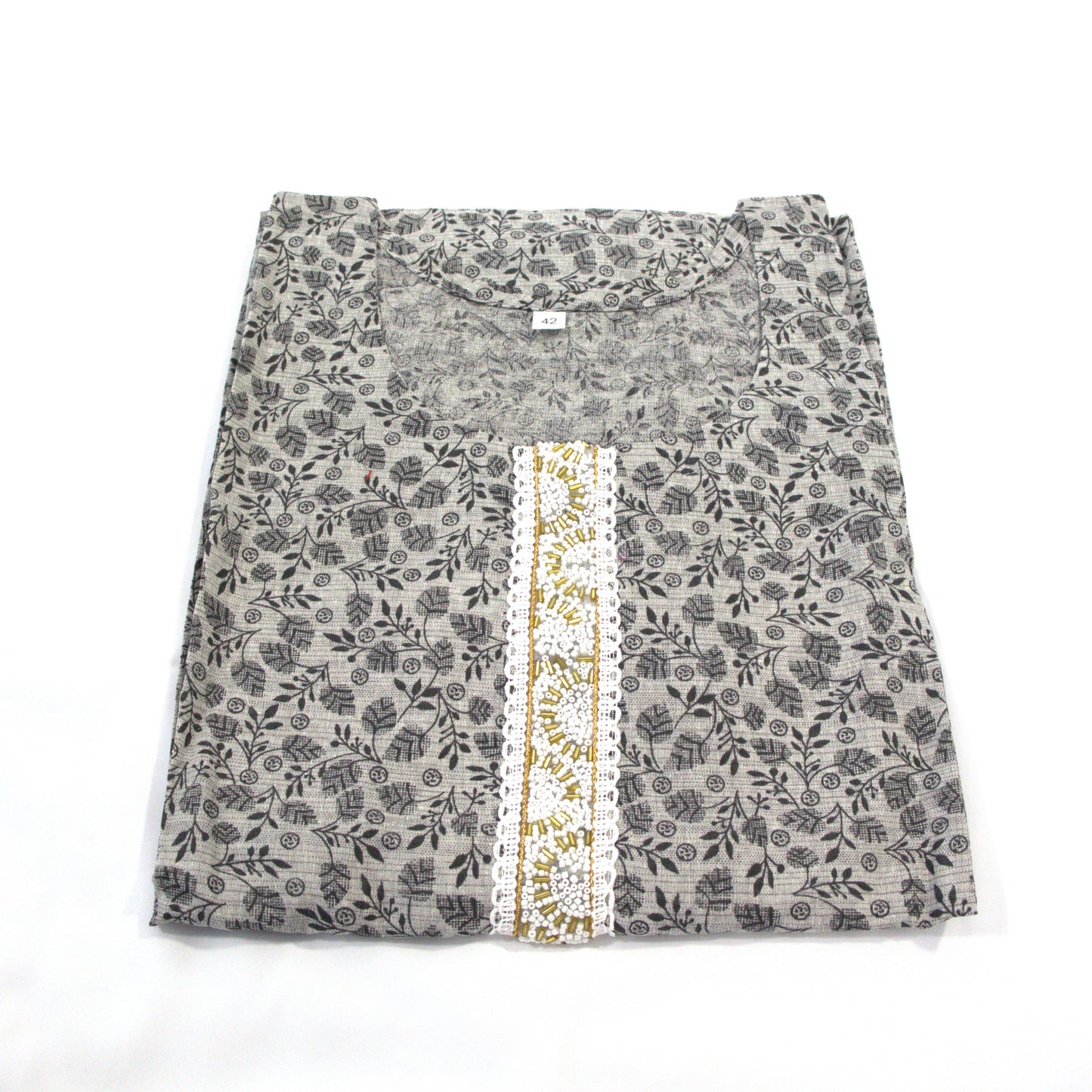 Grey Cotton Kurta Set with Embellished Neckline
