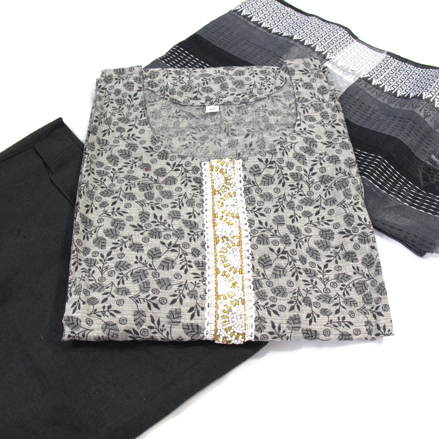 Grey Cotton Kurta Set with Embellished Neckline