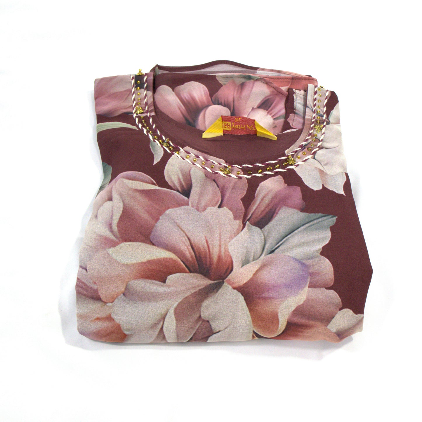 Maroon Dress with Embellished Waist and Floral Print