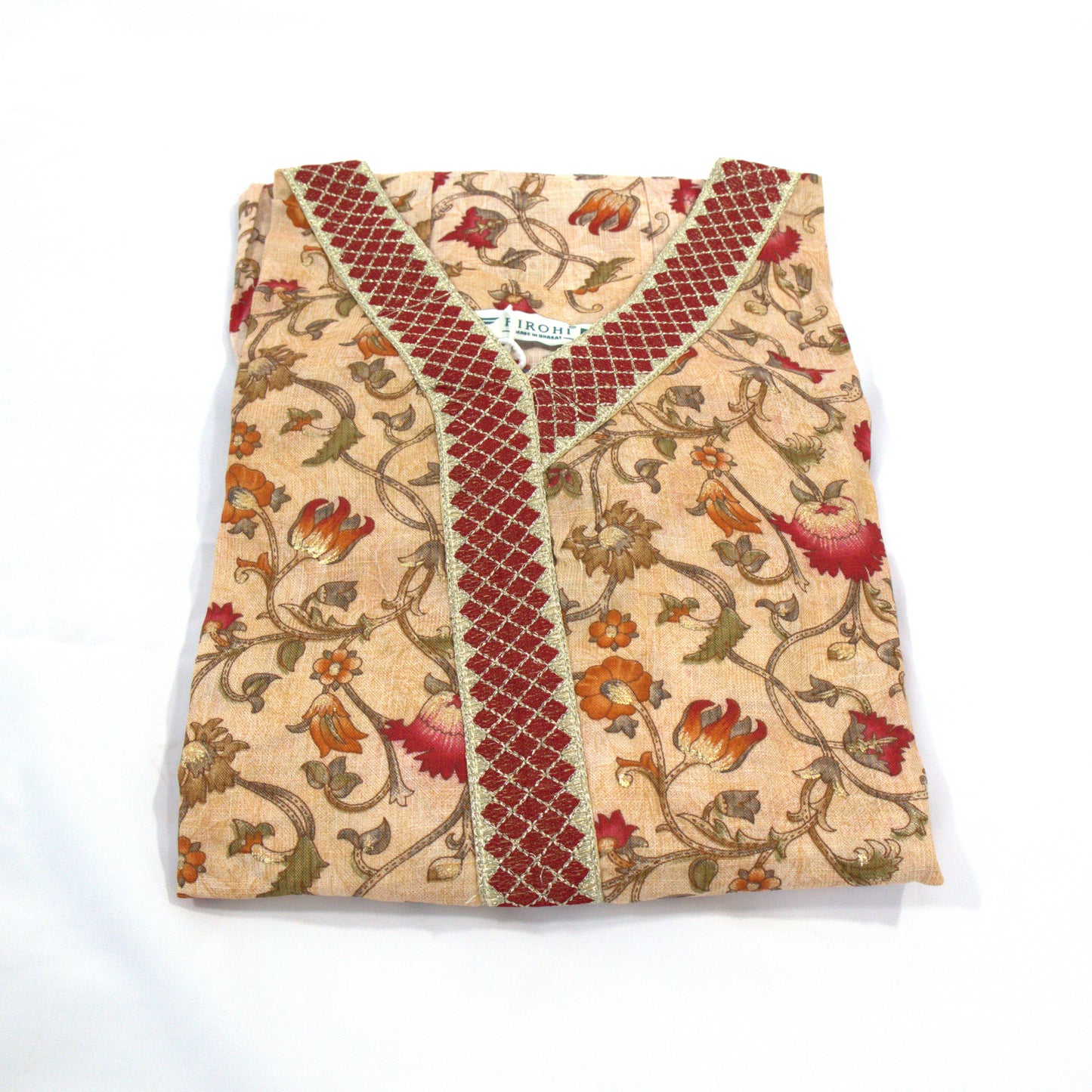 Beige Floral Kurta with Embroidered Neckline