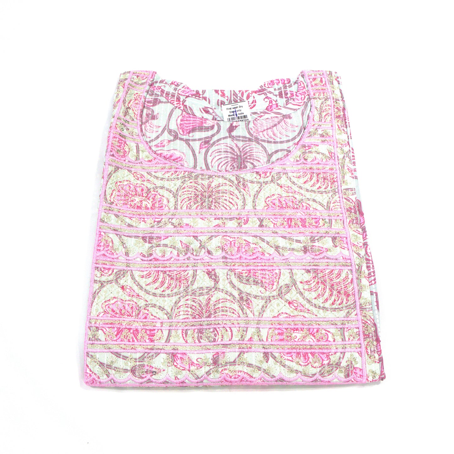 Kurta with Embroidered Neckline and Pink Block Print