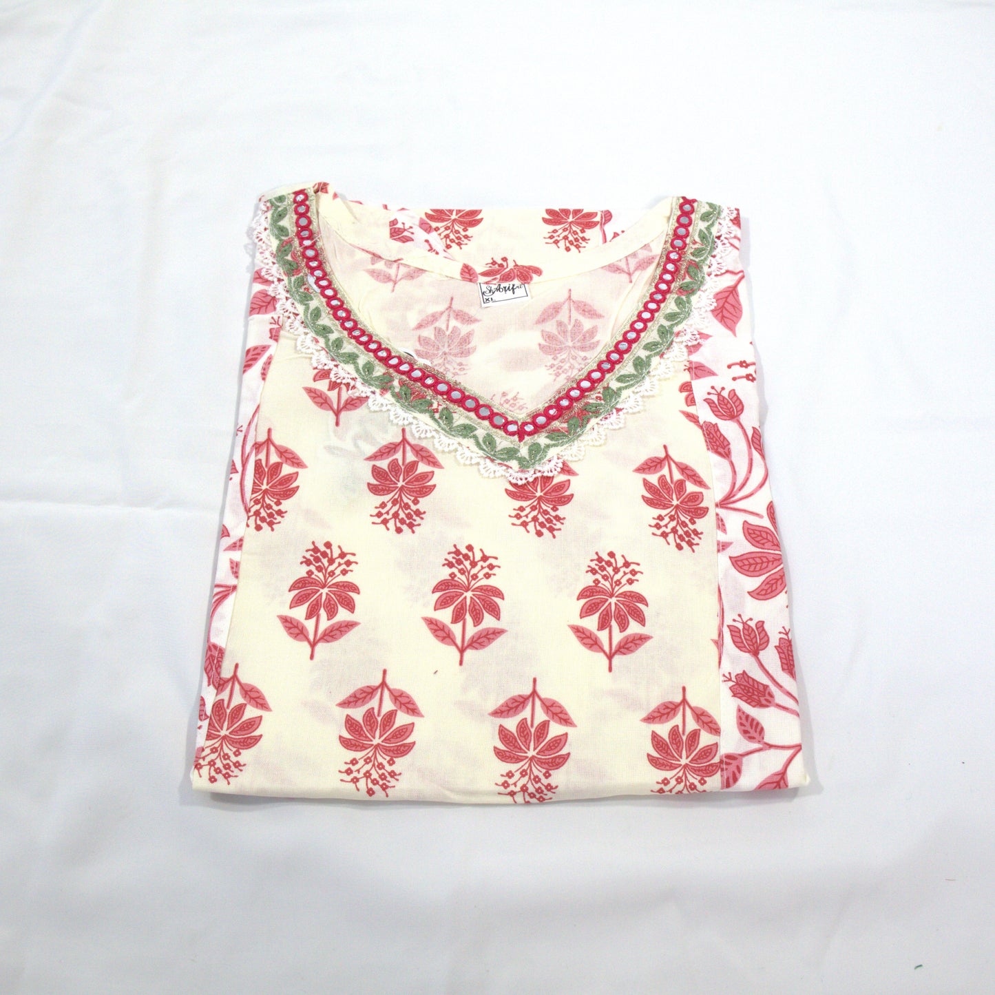 Subtle Elegance: White and Pink Floral Kurti with Embellished Neckline