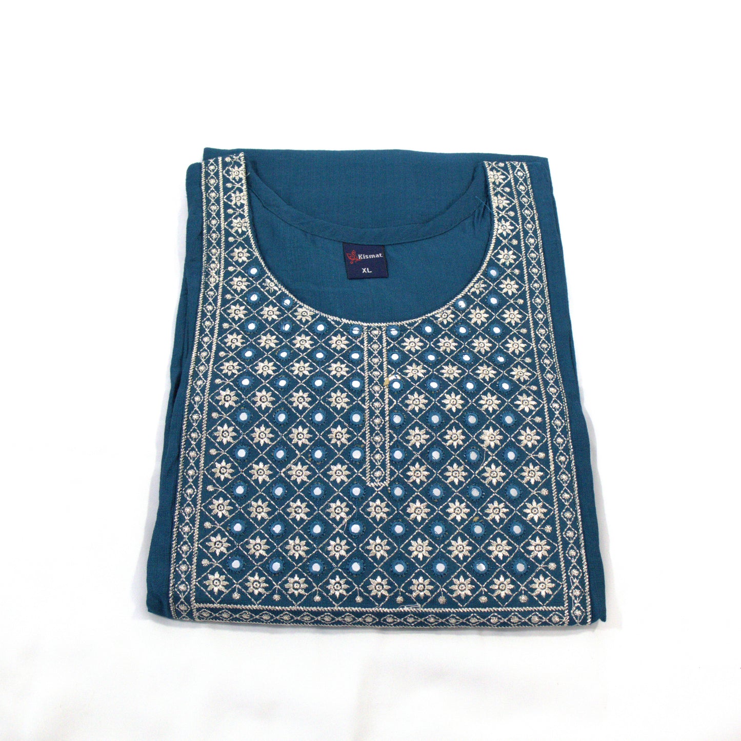 Elegant Embellishment: Teal Kurti with Silver Embroidered Neckline