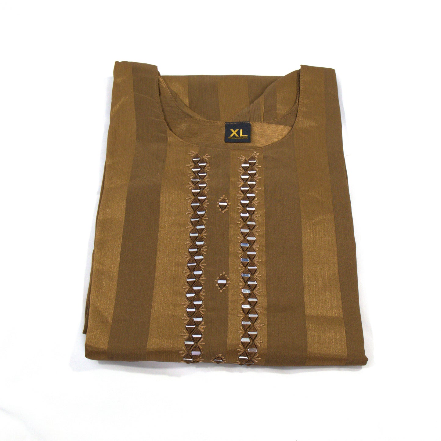 Shimmering Elegance: Brown Striped Kurti with Embellished Neckline