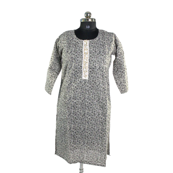 Grey Cotton Kurta Set with Embellished Neckline