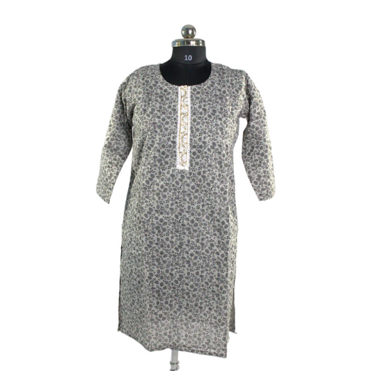 Grey Cotton Kurta Set with Embellished Neckline