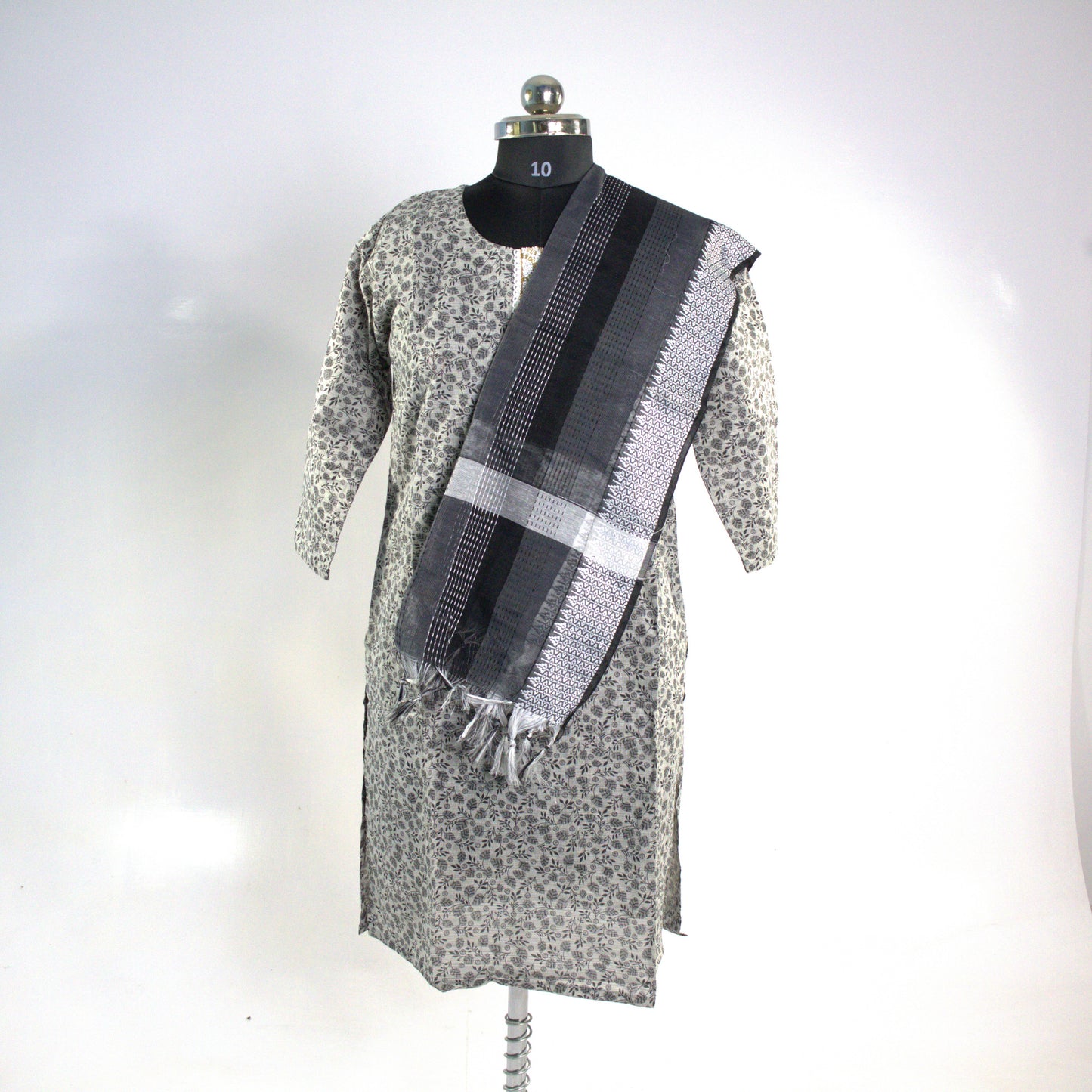 Grey Cotton Kurta Set with Embellished Neckline
