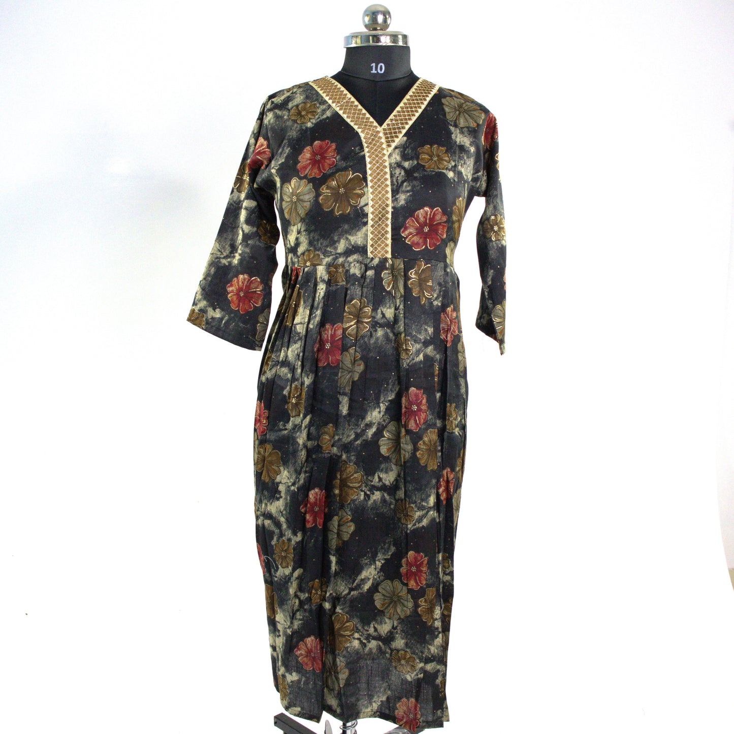 Black Floral Kurta with Embellished Neckline