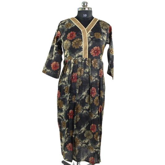 Black Floral Kurta with Embellished Neckline