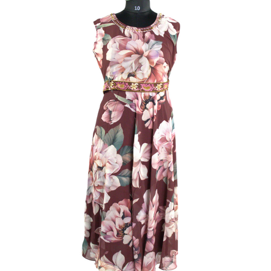 Maroon Dress with Embellished Waist and Floral Print