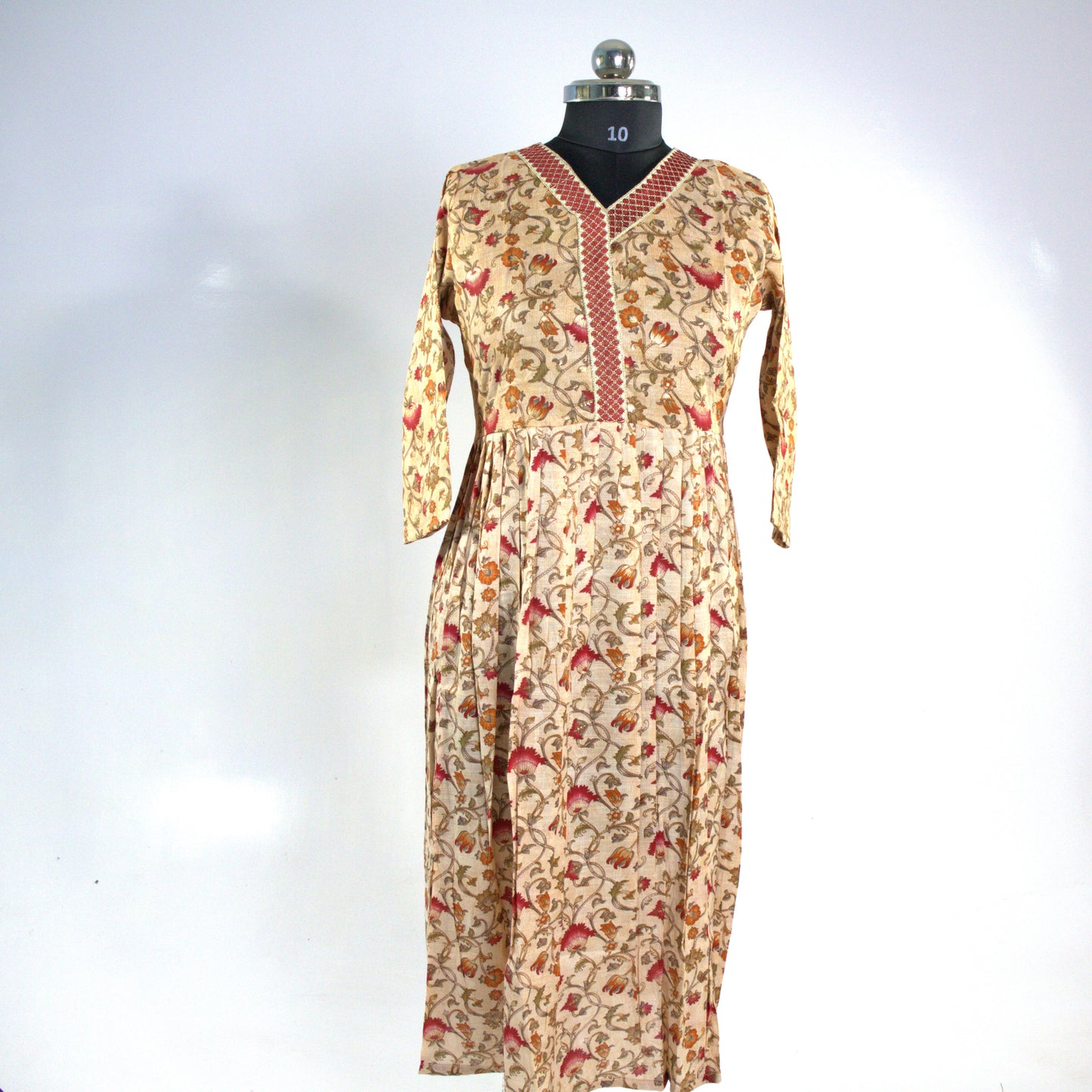 Beige Floral Kurta with Embroidered Neckline