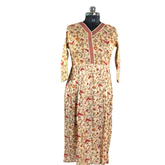 Beige Floral Kurta with Embroidered Neckline