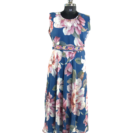 Blue Dress with Embellished Waist and Floral Print