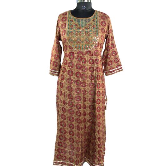 Brown Kurta with Embroidered Neckline and Mirror Work