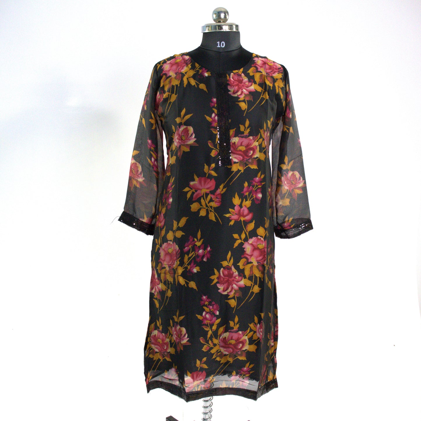 Black Kurta with Sequined Neckline and Floral Motif
