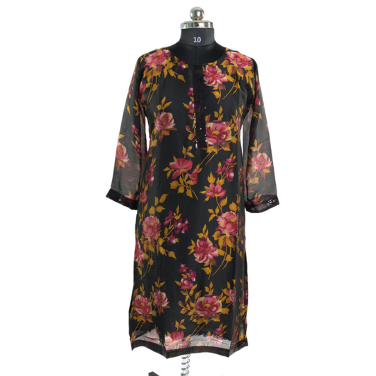 Black Kurta with Sequined Neckline and Floral Motif