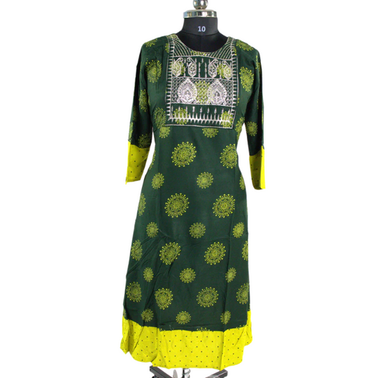 Dark Green Kurta with Embroidered Neckline and Yellow Border