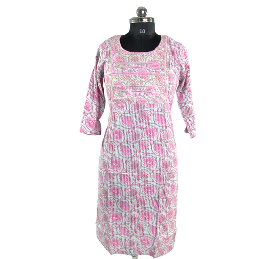 Kurta with Embroidered Neckline and Pink Block Print