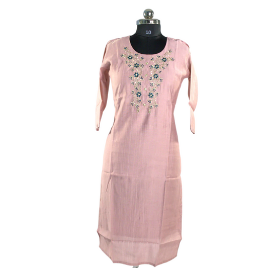 Embroidered Elegance: Pastel Pink Kurti with Three-Quarter Sleeves