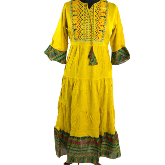 Sun-Kissed Elegance: Mustard Yellow Embroidered Kurti with Tiered Hem