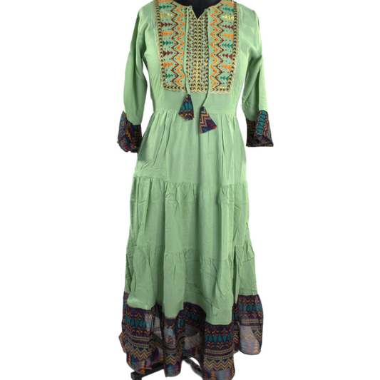 Springtime Serenity: Mint Green Embroidered Kurti with Tiered Hem