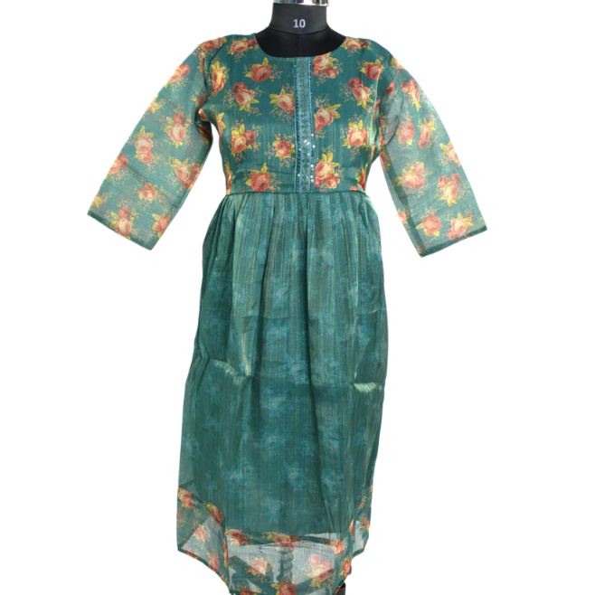 Romantic Blooms: Sheer Green Floral Kurti
