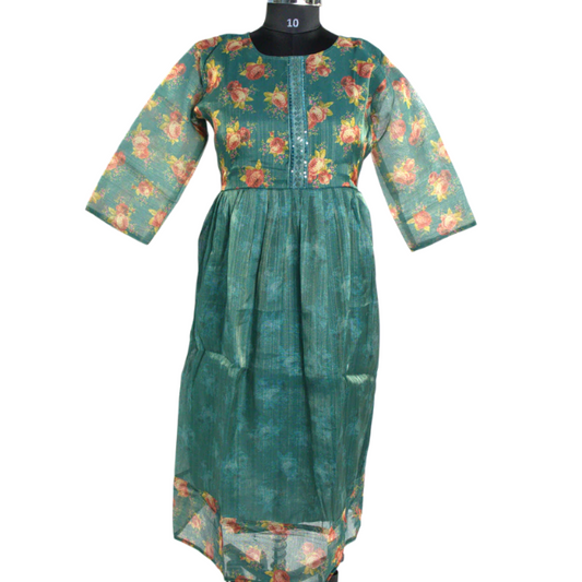 Romantic Blooms: Sheer Green Floral Kurti